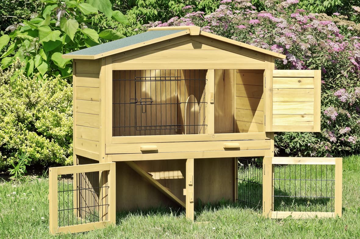Merschbrock Trade Kaninchenstall, Hasenstall aus Kiefernholz mit Zinkwann XXL mit 4 Klappen