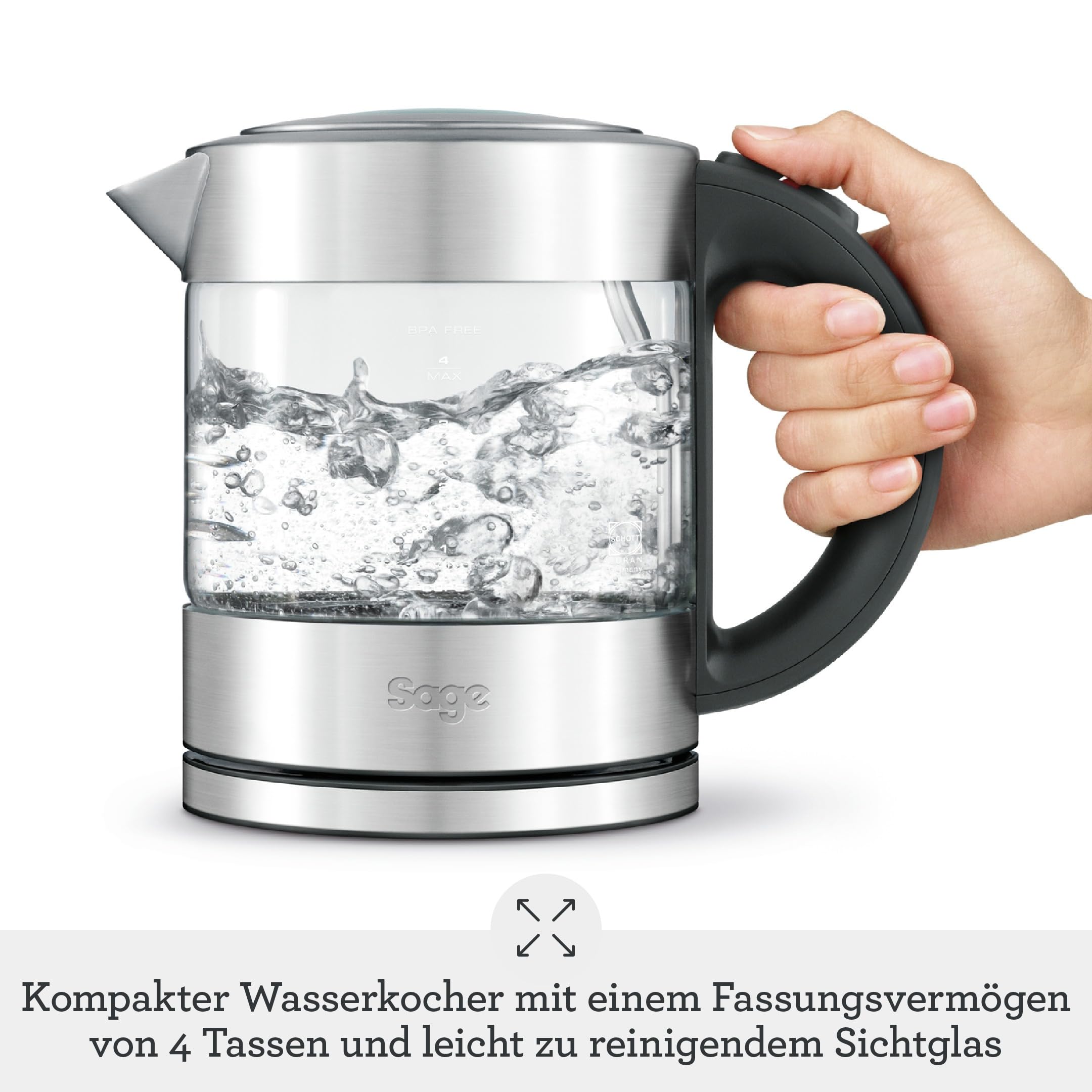 Sage - The Compact Kettle Pure - Kompakter Wasserkocher - Glasgehäuse, 1 Liter Fassungsvermögen, Kabellos, Ergonomisch - Klar