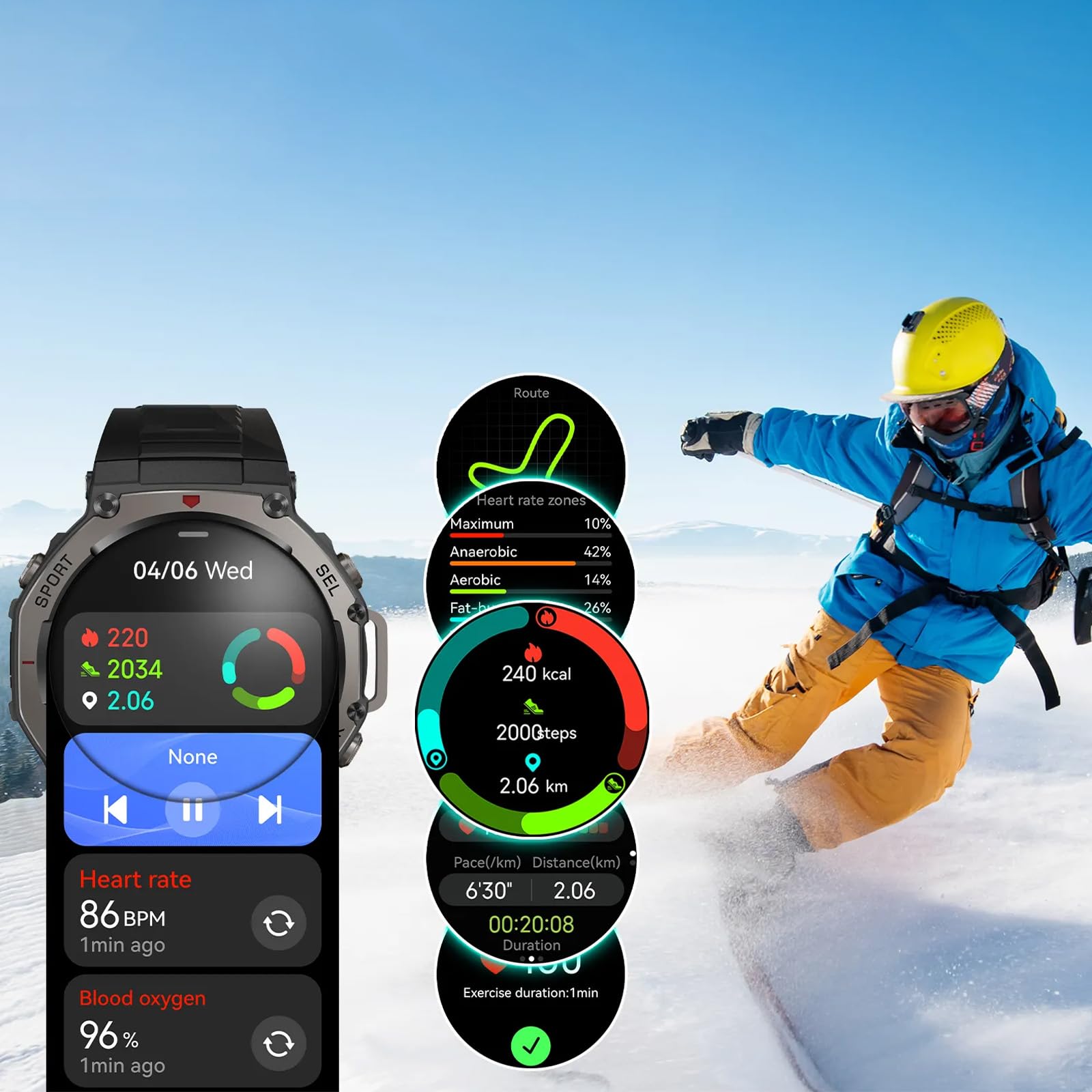 Reiteag Sekoda Gps Sports Smartwatch Doppia Frequenza, Oltre 170 Dati Su Fitness E Salute, Durata Della Batteria Di 15 Giorni, Frequenza Cardiaca E Spo₂, Impermeabile, (nero)