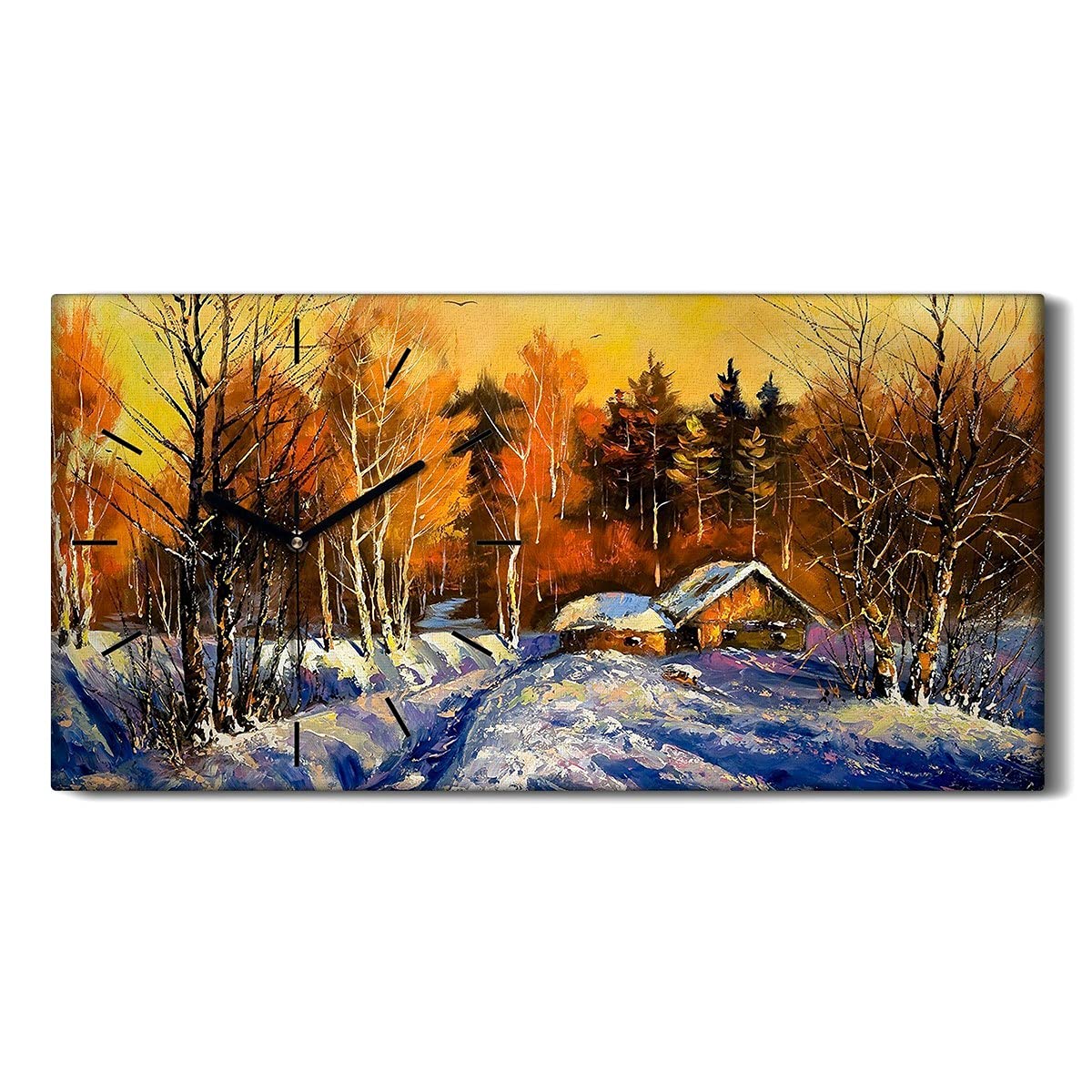 Horloge sur Toile 60x30cm Salon Village d'hiver Tableau Silencieux