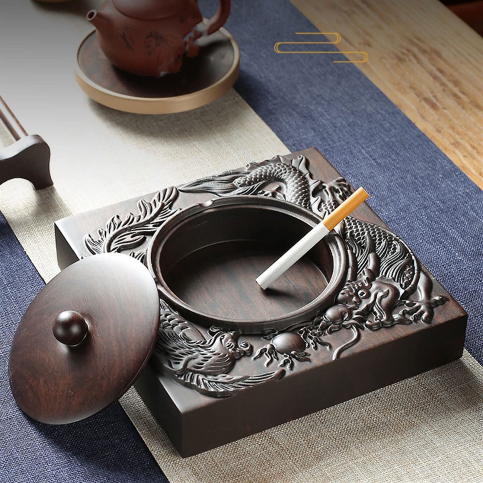 Cendrier Cendrier en bois d'ébène avec couvercle, grand modèle personnalisé de dragon et de phénix, cendrier rétro, stockage de cendres pour la maison ou le bureau