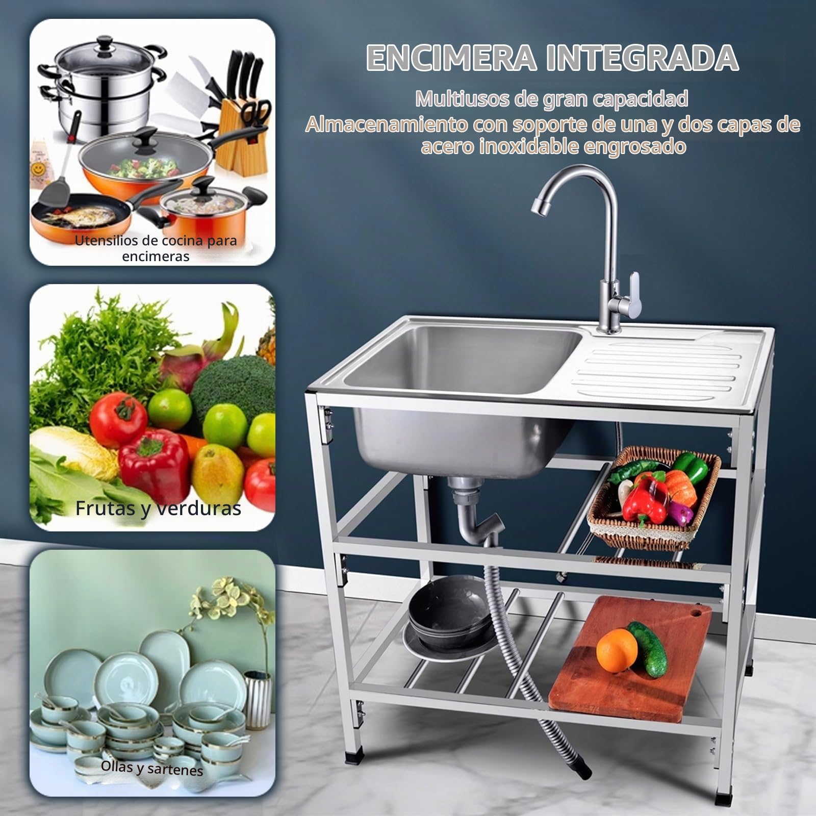 Fregadero Independiente Cocina Con Grifo, Fregadero Acero Inoxidable Comercial Con Banco Trabajo, Para Jardin Lavandería Garaje, Fácil De Limpiar.