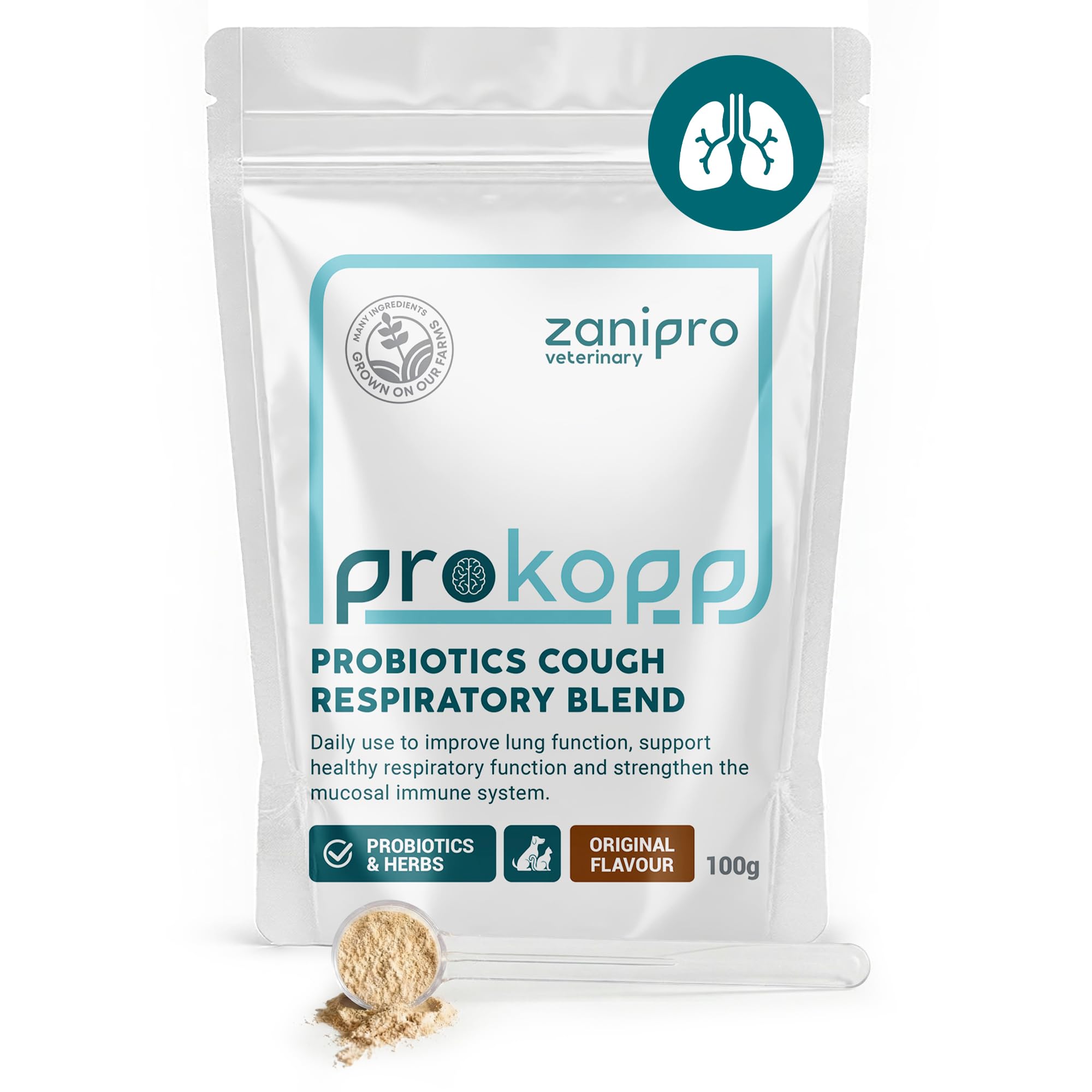 Zanipro Respiratory & Gut Probiotic Powder for Dogs & Cats, 5 Billion CFU - 100g, Kennel Cough Medicine for Dogs, Lung, Immune & Breath Treatment, Dog Breath Freshener with Marshmallow Root & Thyme