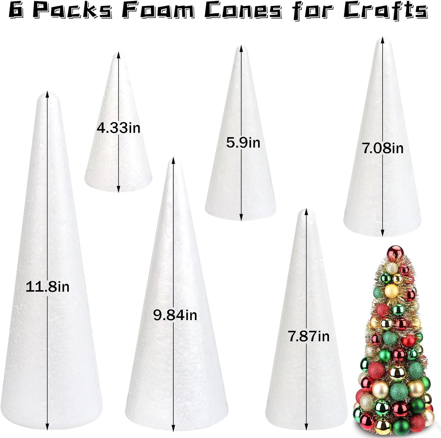 CCINEE 6 Packs Foam Cones for Crafts, Assorted Polystyrene Floral Foam Cones for Christmas Tree Gnomes Art and Craft School Activity Wedding Home Table Centerpieces Decorations