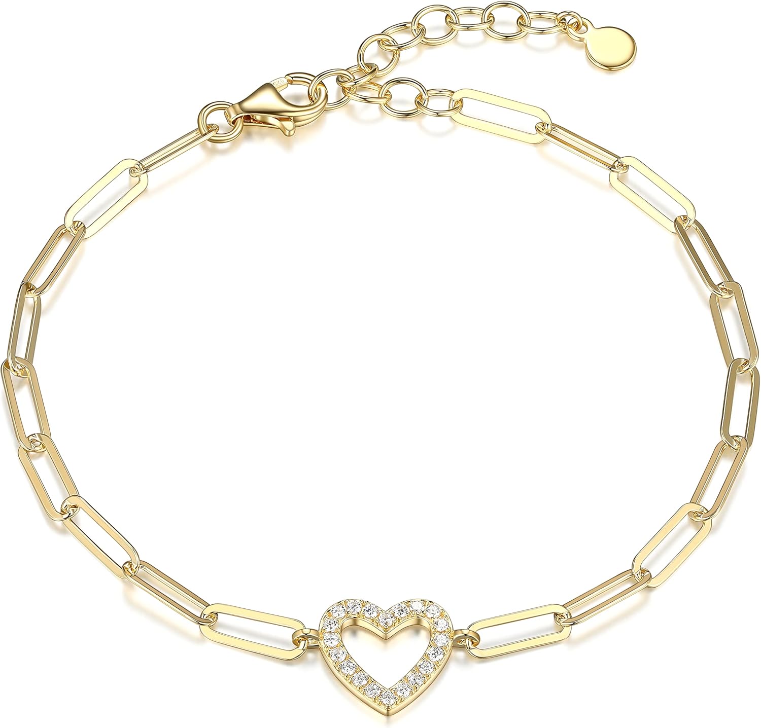 Amazon Essentials Cubic Zirconia Geometric Open Heart Paperclip Chain Link Bracelet in Sterling Silver, 6.75" + 1.25" Extender
