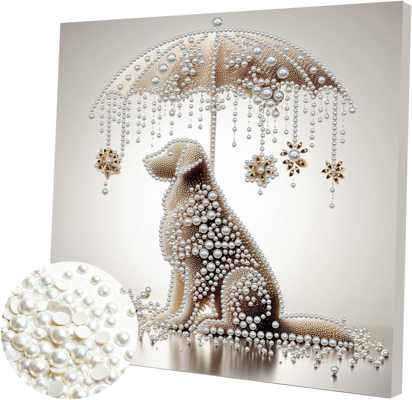 DIY Pearl Painting Kit with Wooden Frame, 3D Plastic Pearl Gemstone Ocean Art Craft for Adults Beginners, Diamond Art Kits for Adults, Home Wall Decor Ready Gift for Women(Umbrella Puppy)(30 * 30cm)