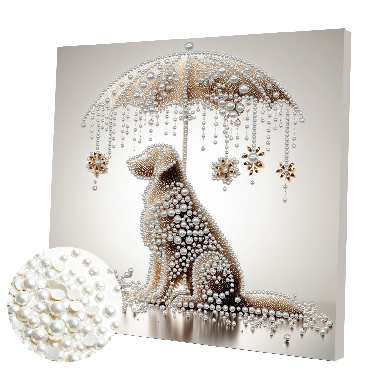 DIY Pearl Painting Kit with Wooden Frame, 3D Plastic Pearl Gemstone Ocean Art Craft for Adults Beginners, Diamond Art Kits for Adults, Home Wall Decor Ready Gift for Women(Umbrella Puppy)(30 * 30cm)