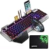 Wired Gaming Keyboard and Mouse Sets RGB LED Backlit Metal Plate 104 Keys Hand rest Usb Gamer Light Up Keyboard 2400DPI Optical 6 Buttons PC Game Mouse Mousepad Compatible with Laptop Computer