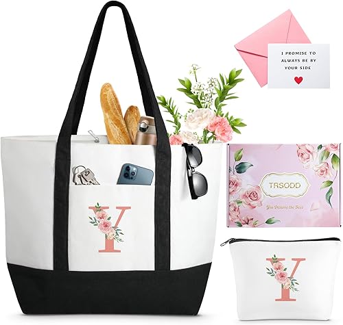 Can-vas - Bolsa de playa con inicial floral con bolsa de maquillaje, bolsa grande para mujer con bolsillo interior, cremallera superior, caja de