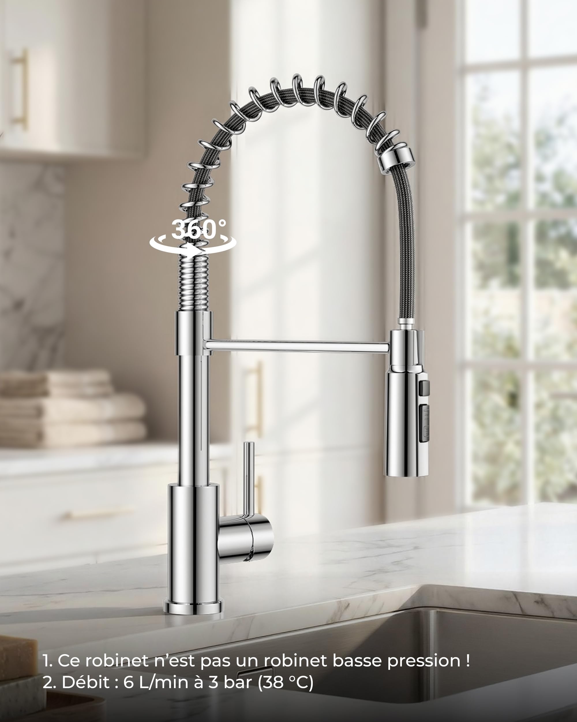 FORIOUS Robinet Cuisine, Robinet Evier Extensible, Mitigeur Cuisine à Poignée Unique avec 3 Modes, Robinet D'évier à Ressort Rotatif à 360°, Chrome Poli
