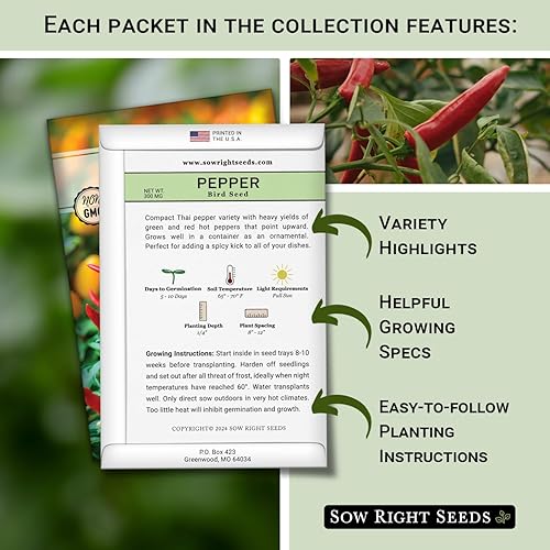 Miniatura 2 de Sow Right Seeds - Colección de semillas de pimiento picante para plantar - Incluye habanero naranja, fantasma, tailandés, cayena, tabasco, bonete