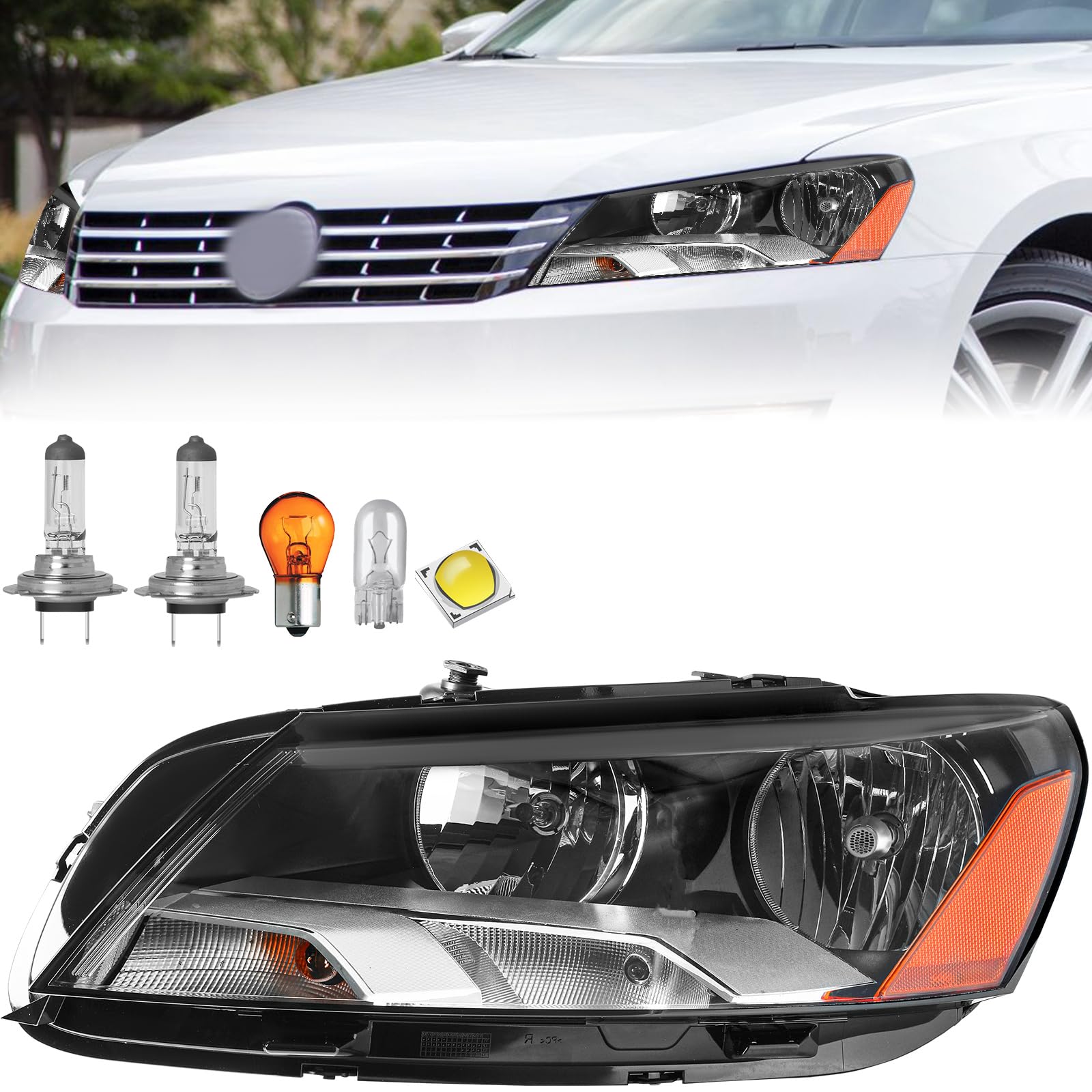 SOCKIR Halogen 6 Pin Headlight Assembly Replacement for 2012-2015 Volkswagen Passat OE Replacement Headlamp Left/Driver Side (LH)