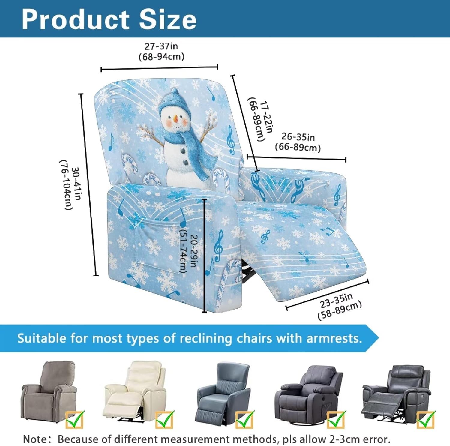 Blue Snowman Sofa Cover Single Seat Recliner 4 Piece Music Note Chair Covers for Recliners for Christmas Cute Lazy Boy Recliner Slipcover