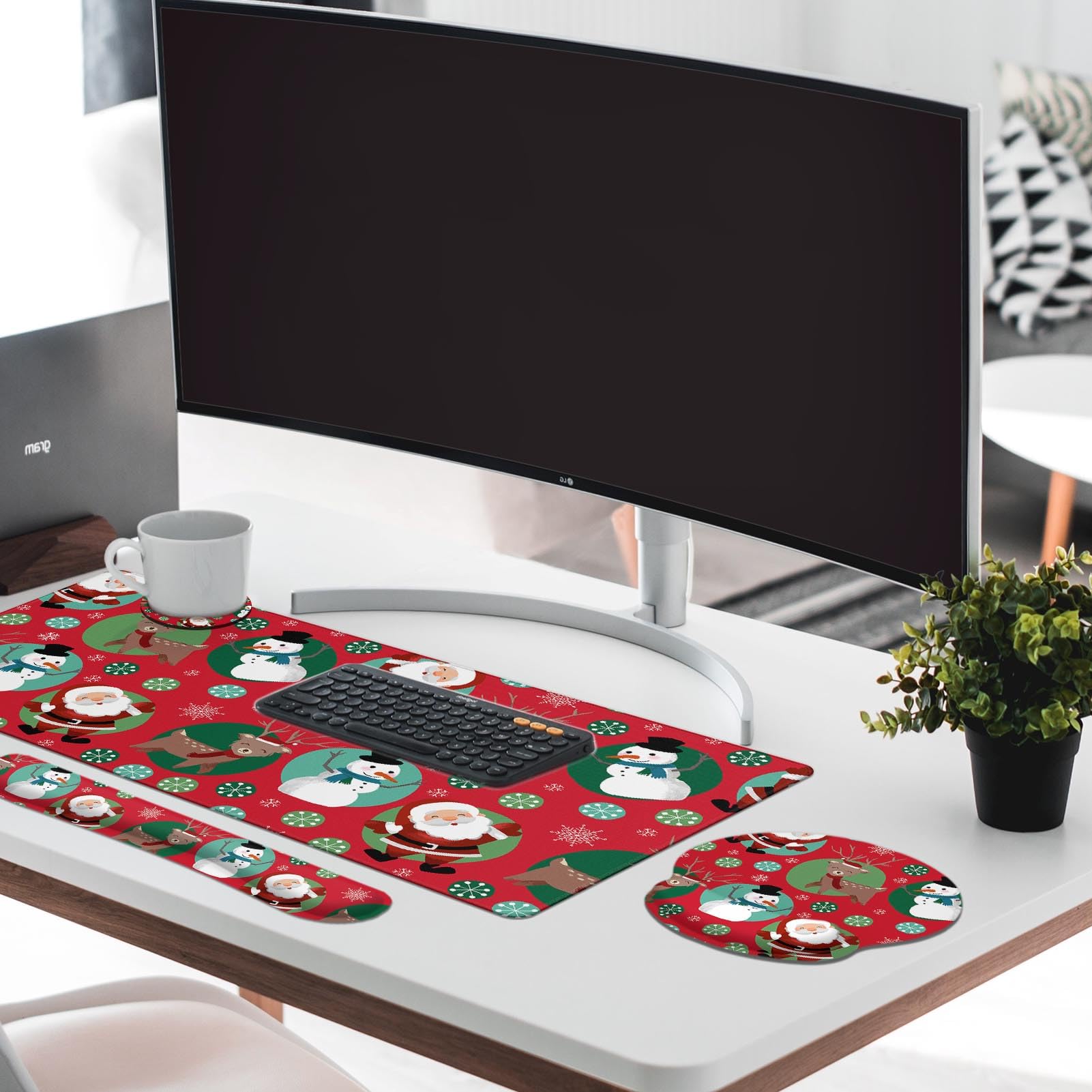 Britimes Tastatur-Mauspad-Set "Merry Christmas", Schneemann, Weihnachten, 4-in-1, großes Mauspad + Tastatur-Handgelenkauflage, Maus-Handgelenkauflage, Untersetzer, ergonomisches Design für Heimbüro,
