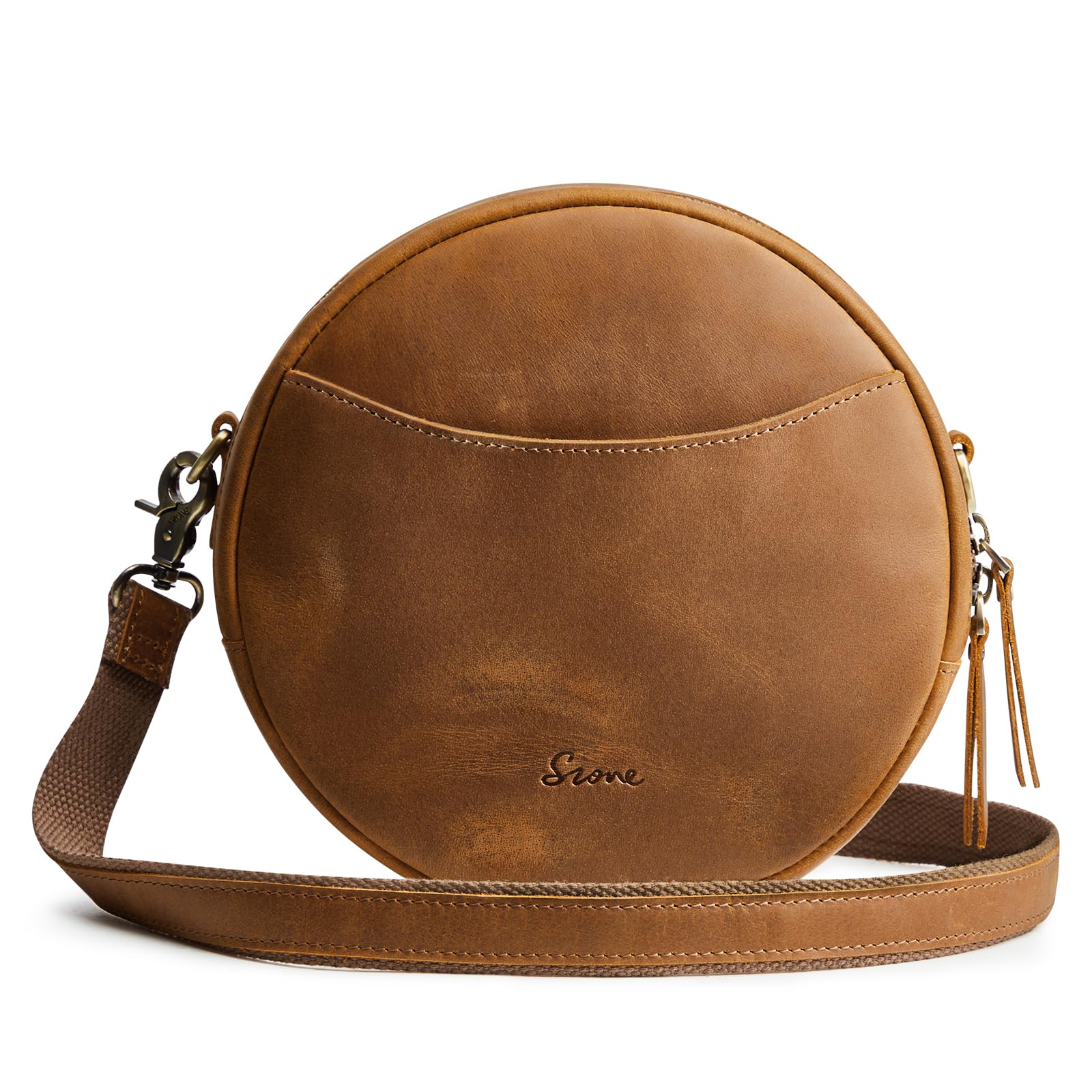 S-ZONE Damen Leder Umhängetaschen Trendige Runde Shopper Schultertasche Runde Designer Geldbörsen Datingstasche Tragetasche