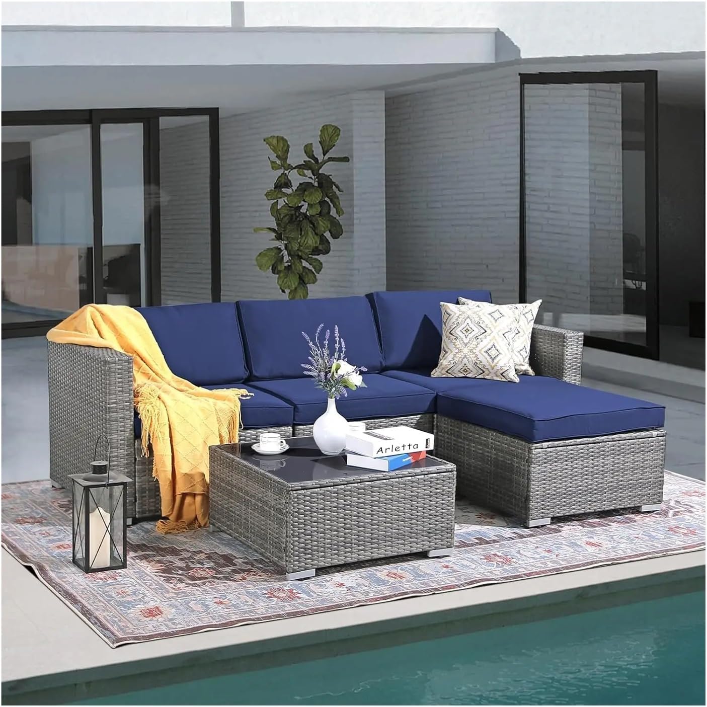 Outdoor Furniture Set, Outdoor Furniture,Patio Conversation Sets,Outdoor Sofa 5 Pieces Set, Rattan Patio Conversation set with Cushions and Coffee Table for Garden, patio sofa ( Color : Navy Blue )
