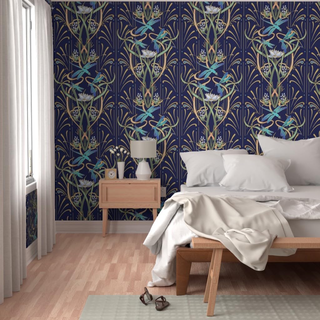 Peel & Stick Wallpaper 3ft x 2ft - Art Nouveau Dragonflies Navy Gold Classy Deco Contemporary Bold Aqua Lotus Water Custom Removable Wallpaper by Spoonflower