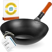 YOSUKATA 13.5" Pre-Seasoned Carbon Steel Flat Bottom Wok - Induction, Gas, Electric, BBQ & Camping Compatible Stir Fry Pan