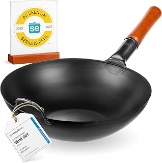 YOSUKATA 13.5" Pre-Seasoned Carbon Steel Flat Bottom Wok for Stir Fry, BBQ, Grill, Camping - Induction Gas Compatible