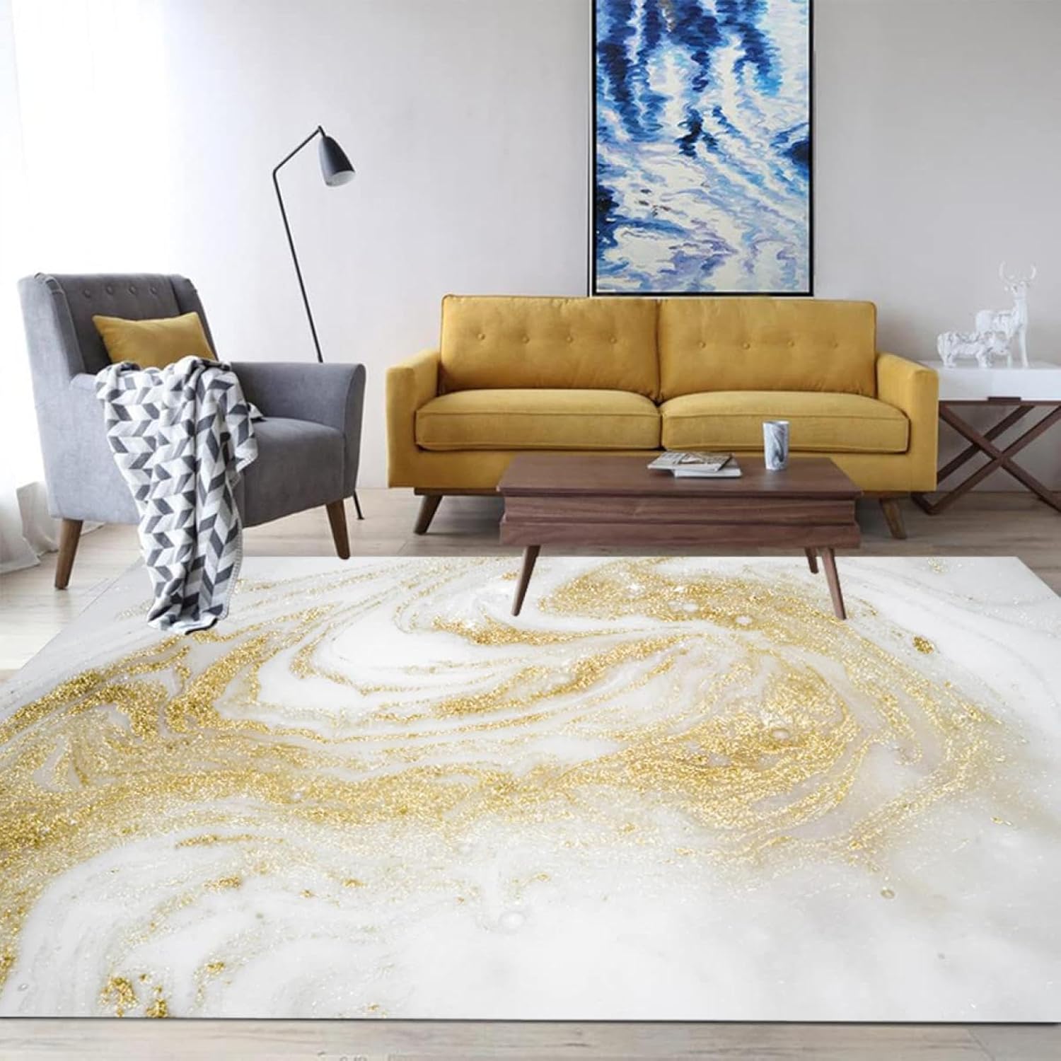 Abstract Cream White Marble Luxury Indoor Carpet, Golden Quicksand Stain Resistant Non-Slip Coffee Table Carpet, for Patio Garden, Kitchen, Coffee Table（2x3ft）