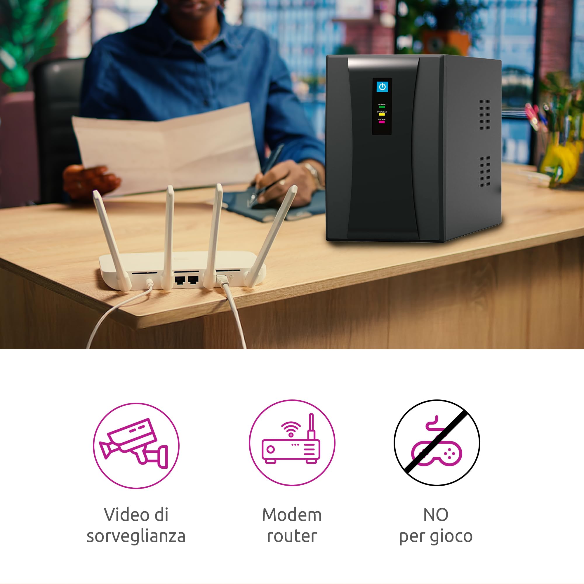 Melchioni MK UPS 1200VA Line Interactive, 2 Batterie 12V, Prese Schuko