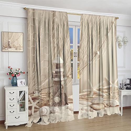 Miniatura 2 de JESTRONRY Cortinas de ventana con diseño de estrella de mar y conchas marinas, diseño náutico retro, tela para el hogar, dormitorio, cocina, baño,