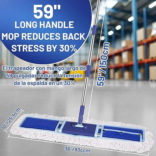 Miniatura 5 de Trapeador de polvo comercial de 36 pulgadas escoba seca para limpieza de pisos de madera dura - 2 almohadillas reutilizables para fregona de 59