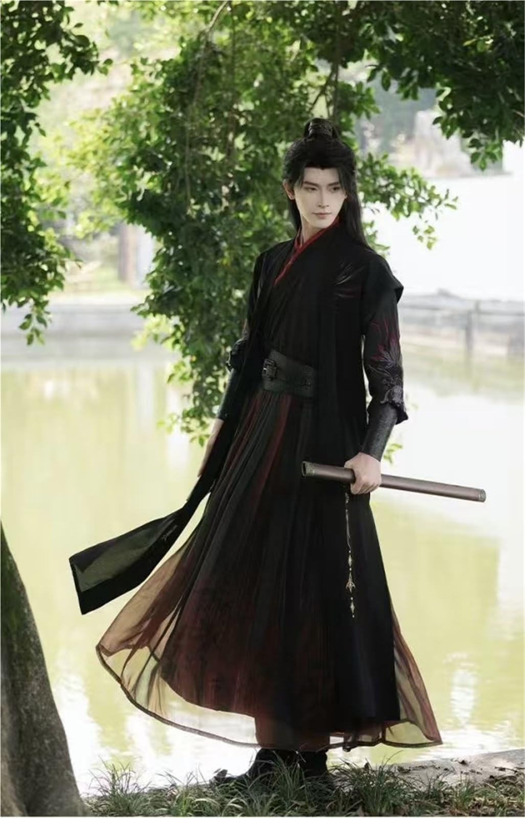 Schwarz-rotes Hanfu-Kleid for Herren, traditionelle Stickerei, Kreuzkragen, Kostüm, Vintage, Nachtschwertkämpfer, Cosplay-Kleidung