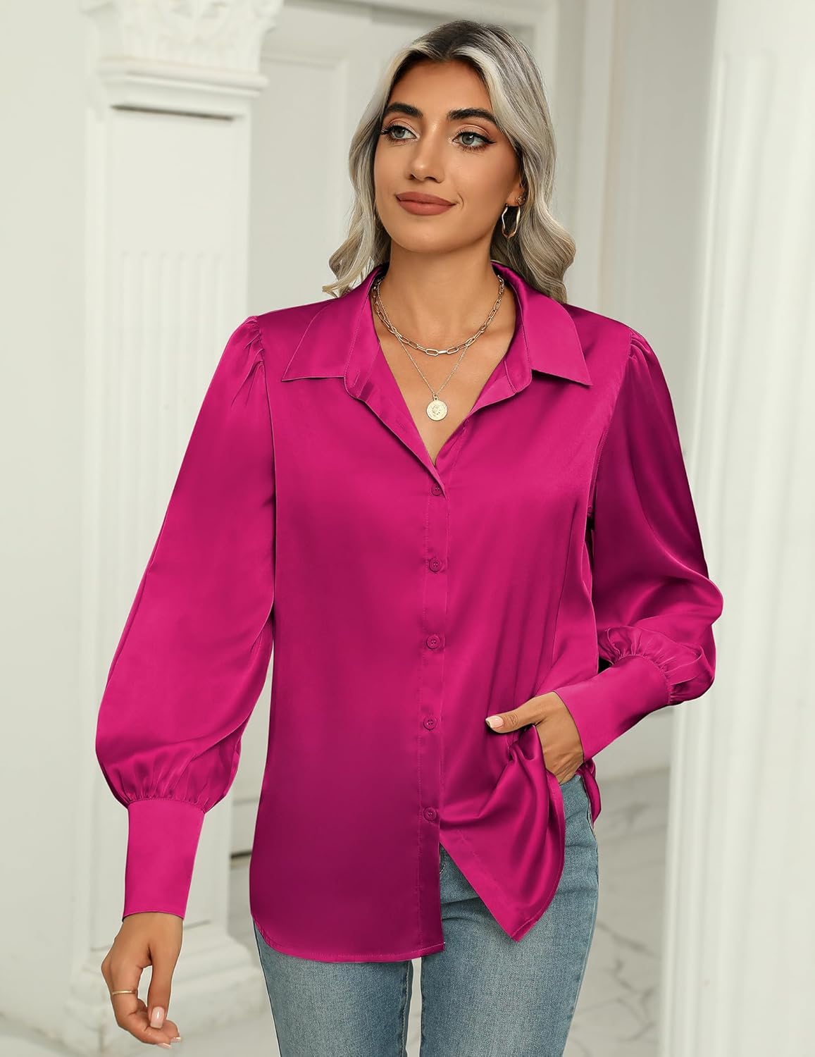 Zeagoo Womens Satin Blouse Lantern Long Sleeve Silk Button Down Shirt Dressy Casual Business Work Tunic Tops - Image 4