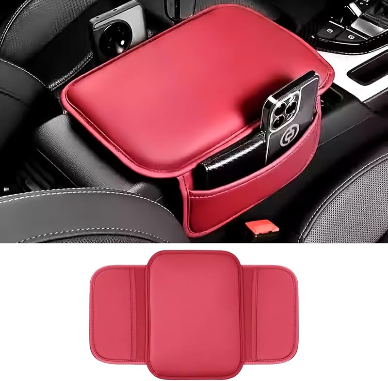Capa para apoio de braço do console central automotivo QKYS em couro PU vermelha com 2 bolsos