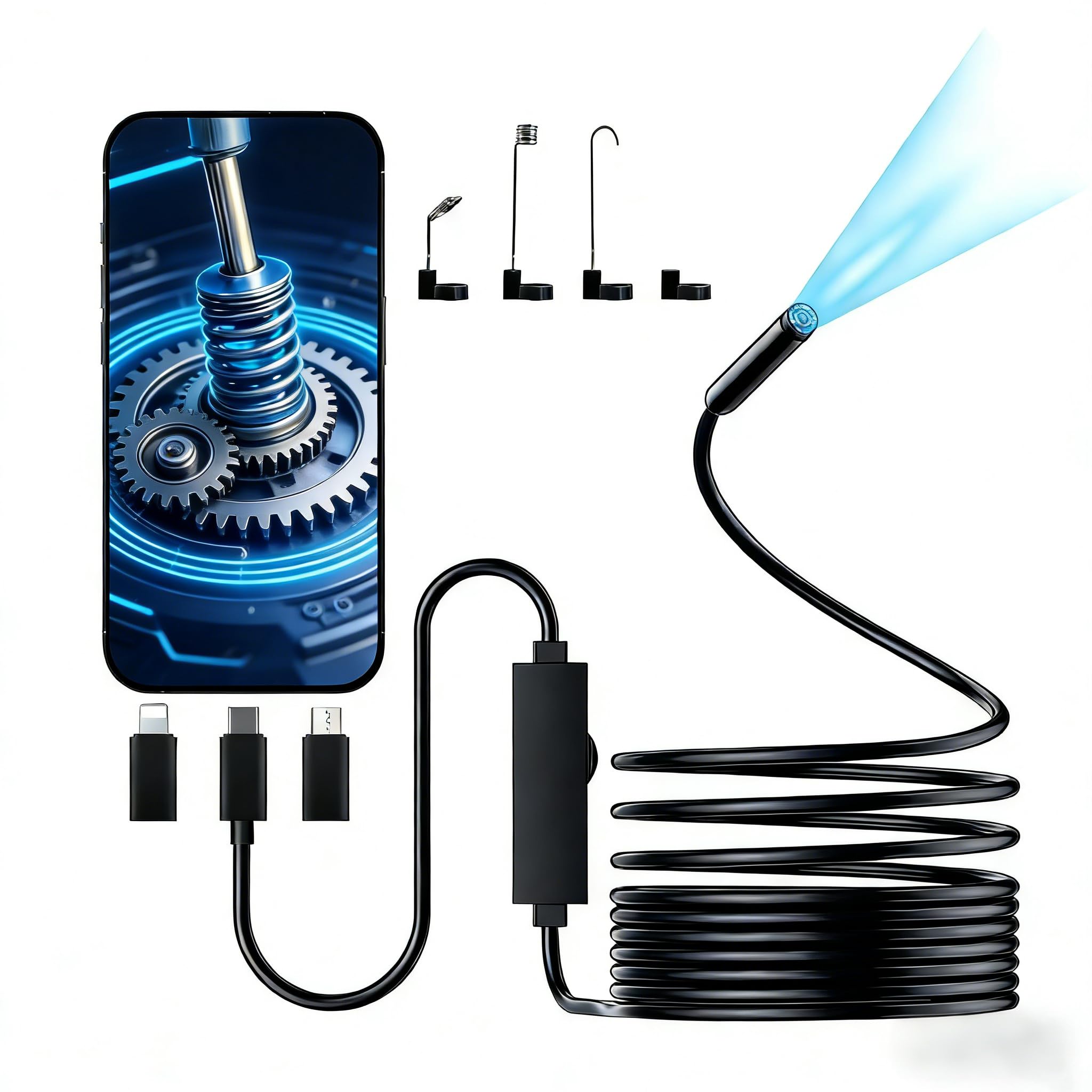 Cámara de inspección HD 1920P con luz, boroscopio semirrígido de 16.4 pies, 8 luces LED, IP67 impermeable, Plug & Play para iPhone/Android/iPad