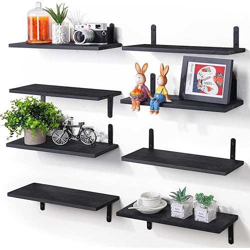 MOKA Wall Shelves Set of 8, Black Floating Shelves for Wall Decor, Width 6in Wood Shelves, Sturdy Small Shelving Wall Mounted for Bedroom, Living Room, Bathroom, Kitchen, Rustic&Farmhouse