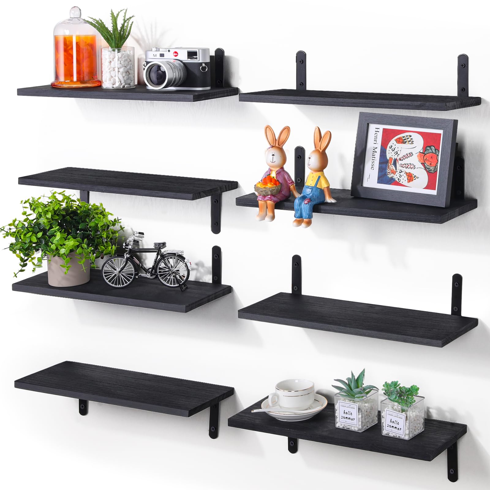 MOKA Wall Shelves Set of 8, Black Floating Shelves for Wall Decor, Width 6in Wood Shelves, Sturdy Small Shelving Wall Mounted for Bedroom, Living Room, Bathroom, Kitchen, Rustic&Farmhouse
