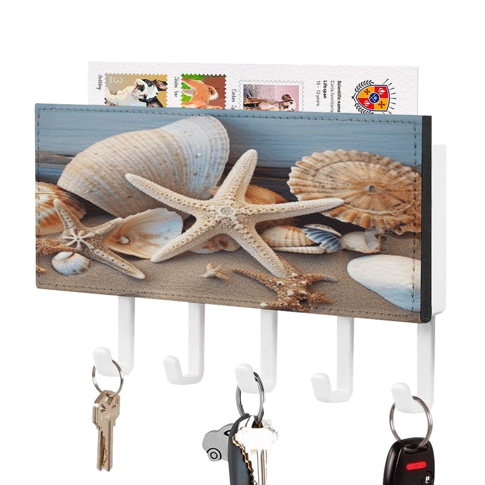 FekiLoot Seashells Starfish Sand Key Holder Wall Mount Key Hanger with 5 Hooks Decorative Key Rack Hanging Key Hooks with Mail Organizer Key Holder for Wall Living Room Kitchen Bathroom Hallway White