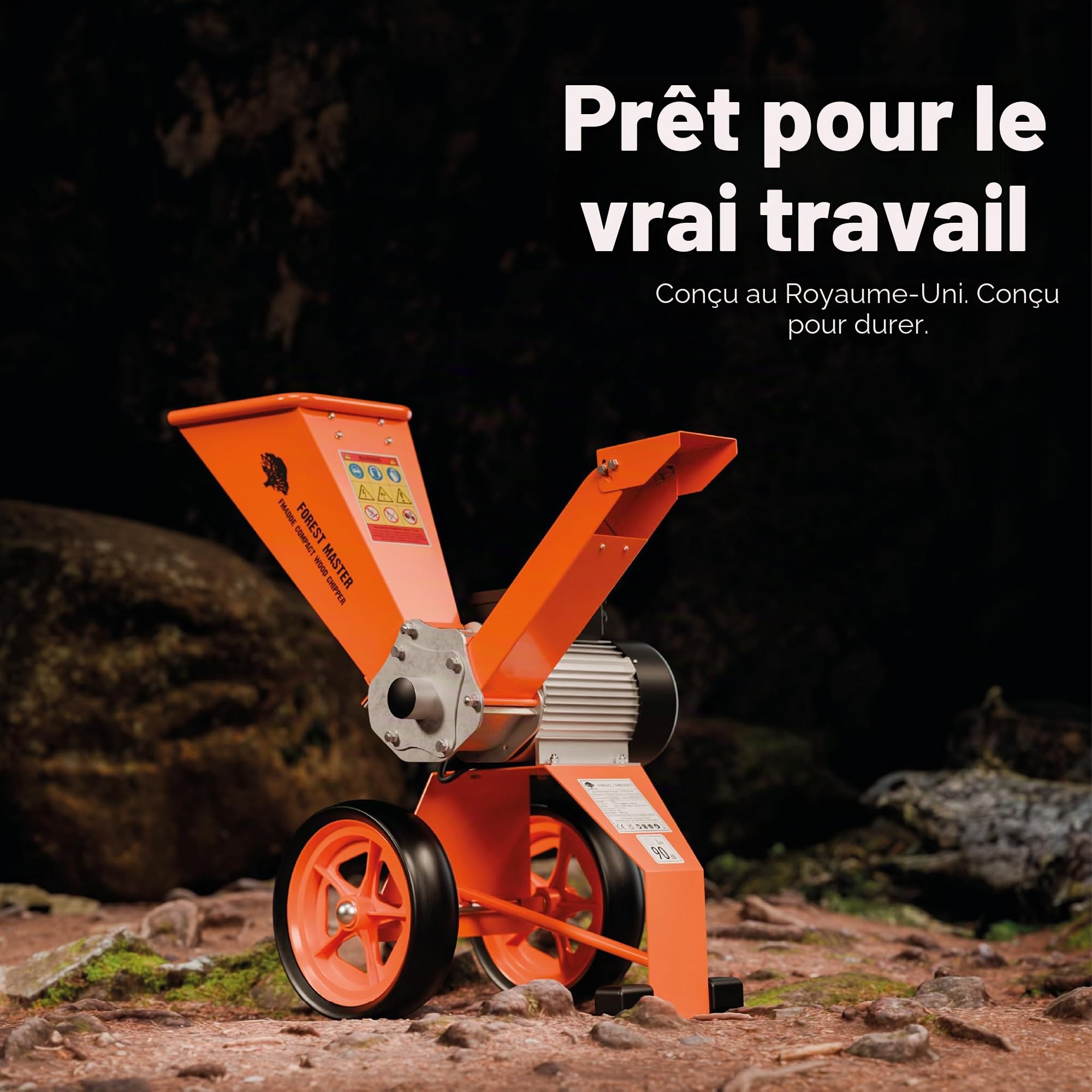 FM4DDE-EU-ADJ Broyeur de Bois Électrique 4hp avec Trémie Rotative – Entraînement Direct, Compact et Portable – Broie jusqu’à 50 mm de Diamètre avec Système Anti-Bouchage Amélioré et Prise EU