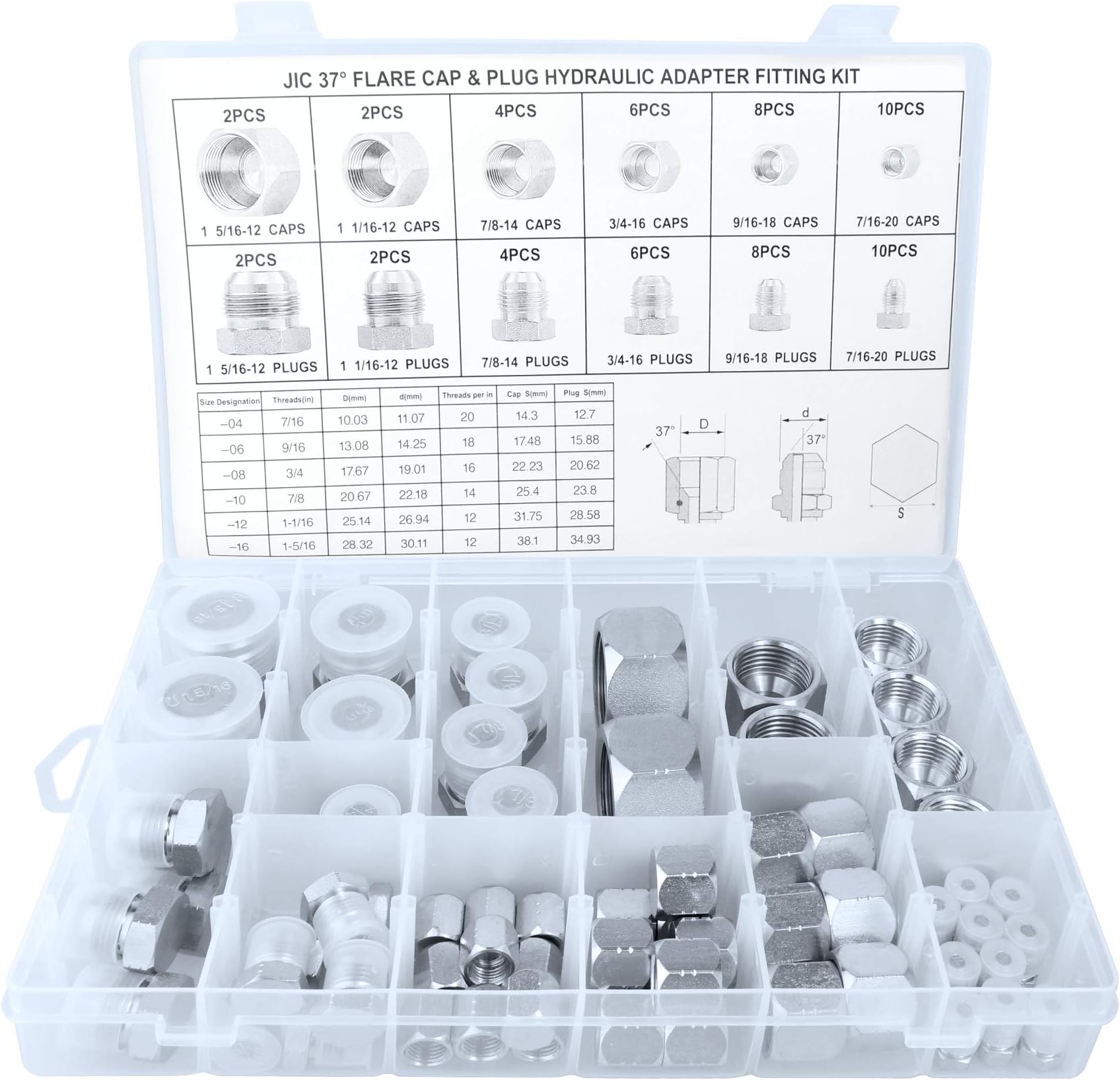 OKBA 64pcs JIC Plug and Cap Kit JIC 37° Flare Caps and Plugs Kit with Precision Threading Hydraulic Plugs and Caps Kit Set Dash Sizes 04 06 08 10 12 16
