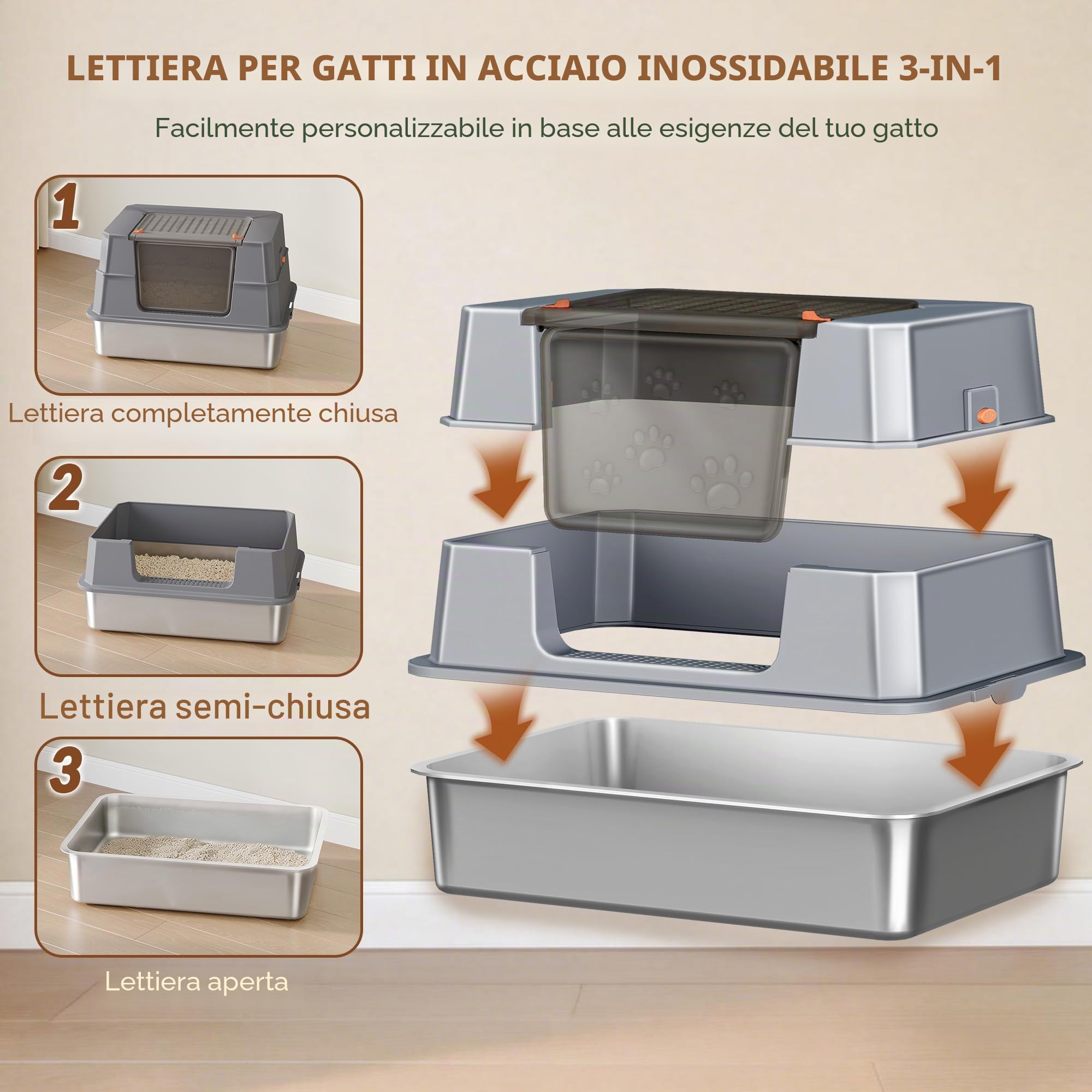 Lettiera Acciaio Inox Gatto con Coperchio, XXXL Lettiera Gatto Chiusa, 70 x 50 x 45 cm, 105° Coperchio Pieghevole, Include Pedale e Paletta, Facile da Pulire, Design Modulare, Grigio Scuro
