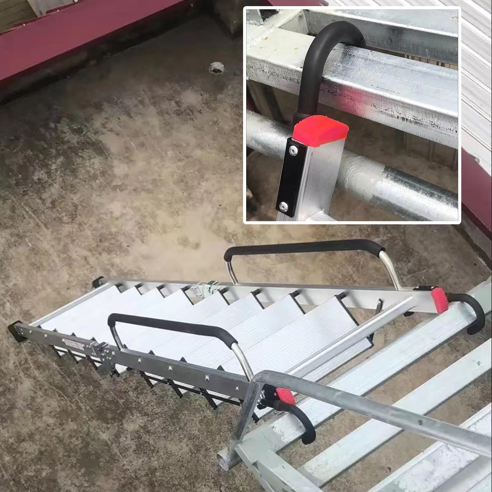 Scala pieghevole per mansarda con corrimano e ganci, scala compatta di emergenza per piccole aperture in tetti o pozzi di finestra