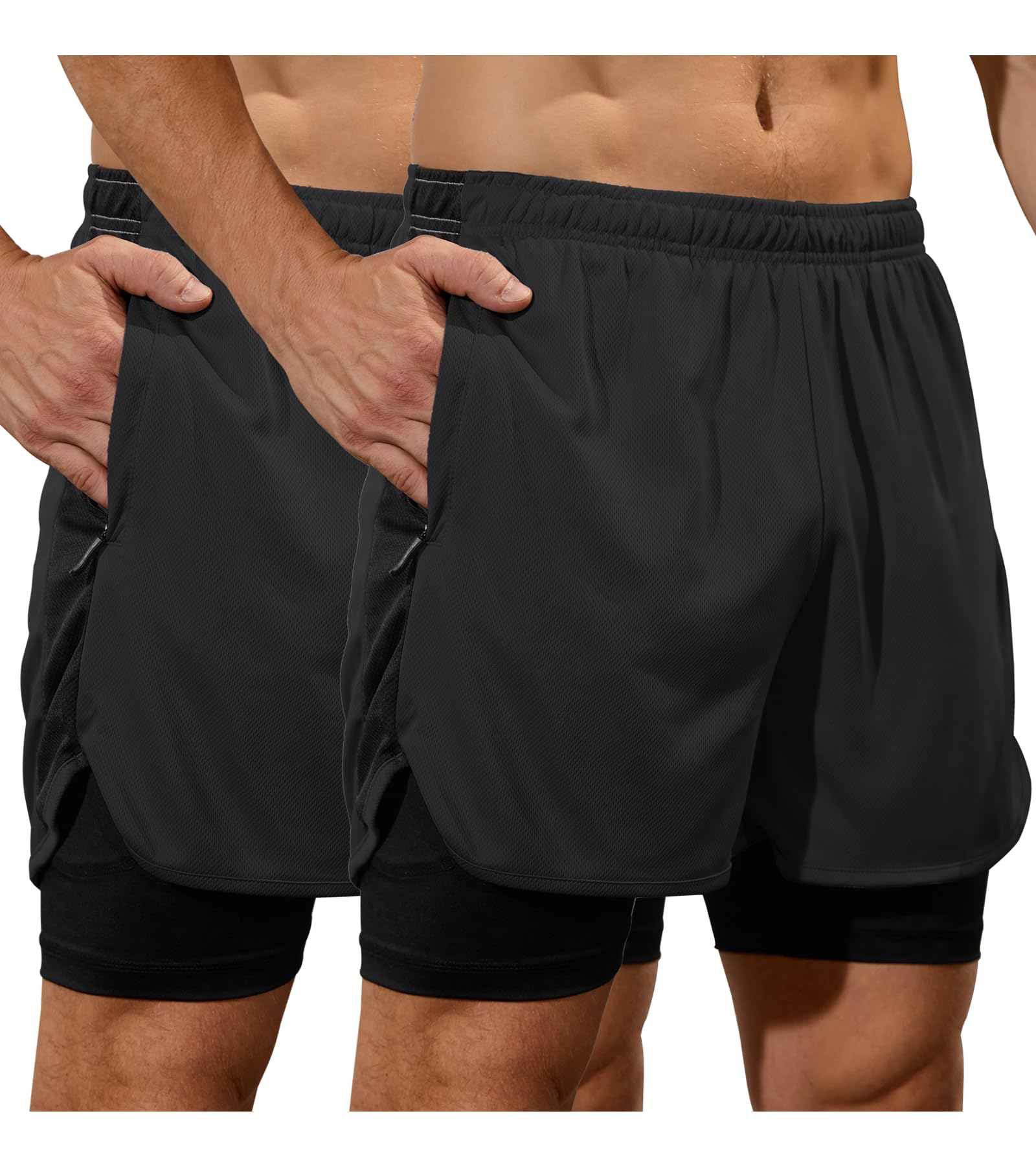 SILKWORLD Mens Running Stretch Shorts 2 in 1 Gym Workout Shorts Quick Dry Stretch Athletic Shorts with Pockets