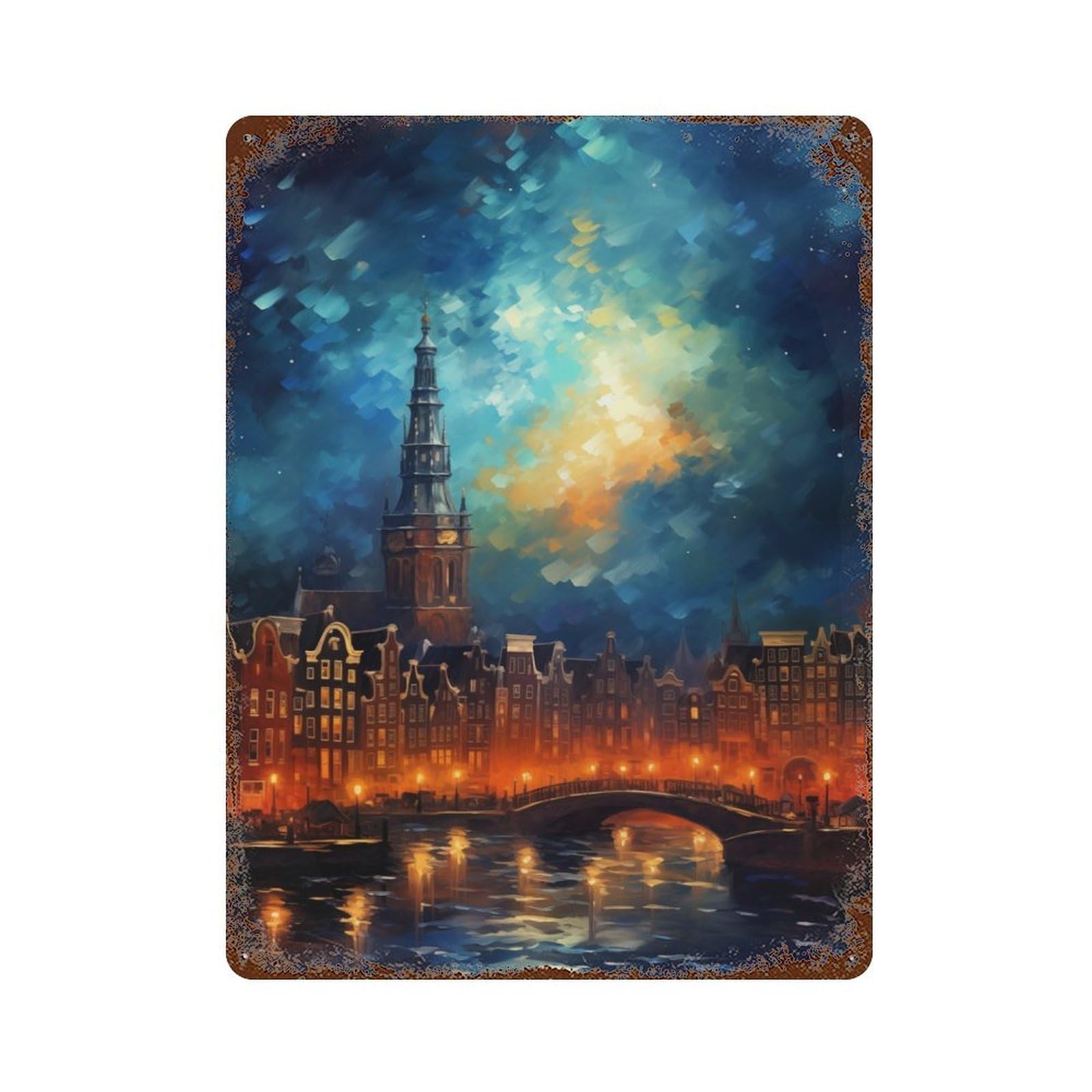 Garage Style Sunrise in Amsterdam Vintage Rust Metal Sign 15.7"x11.8", Rustic Home Decor for Bar And Workshop