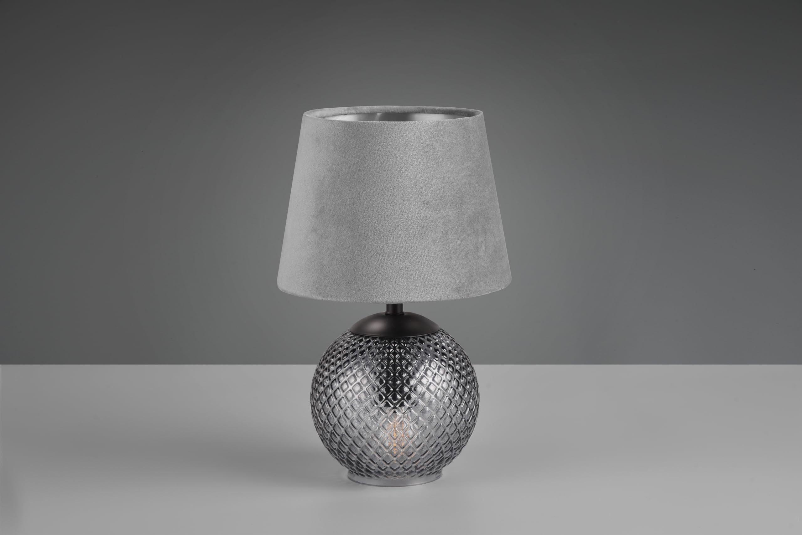 Reality Leuchten RL Lámpara de mesa Jonna R51242054, base de cristal ahumado, pantalla gris terciopelo/plateado, incl. 2x E14