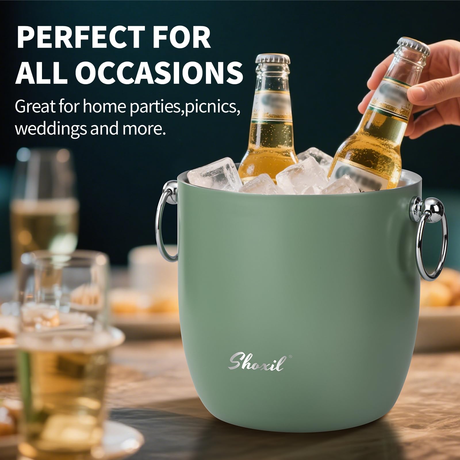 Cubo de hielo grande de 3 litros para fiestas y cócteles, enfriador de hielo de acero inoxidable con tapa y pinzas, cubo de hielo de estilo retro para congelador y bebidas