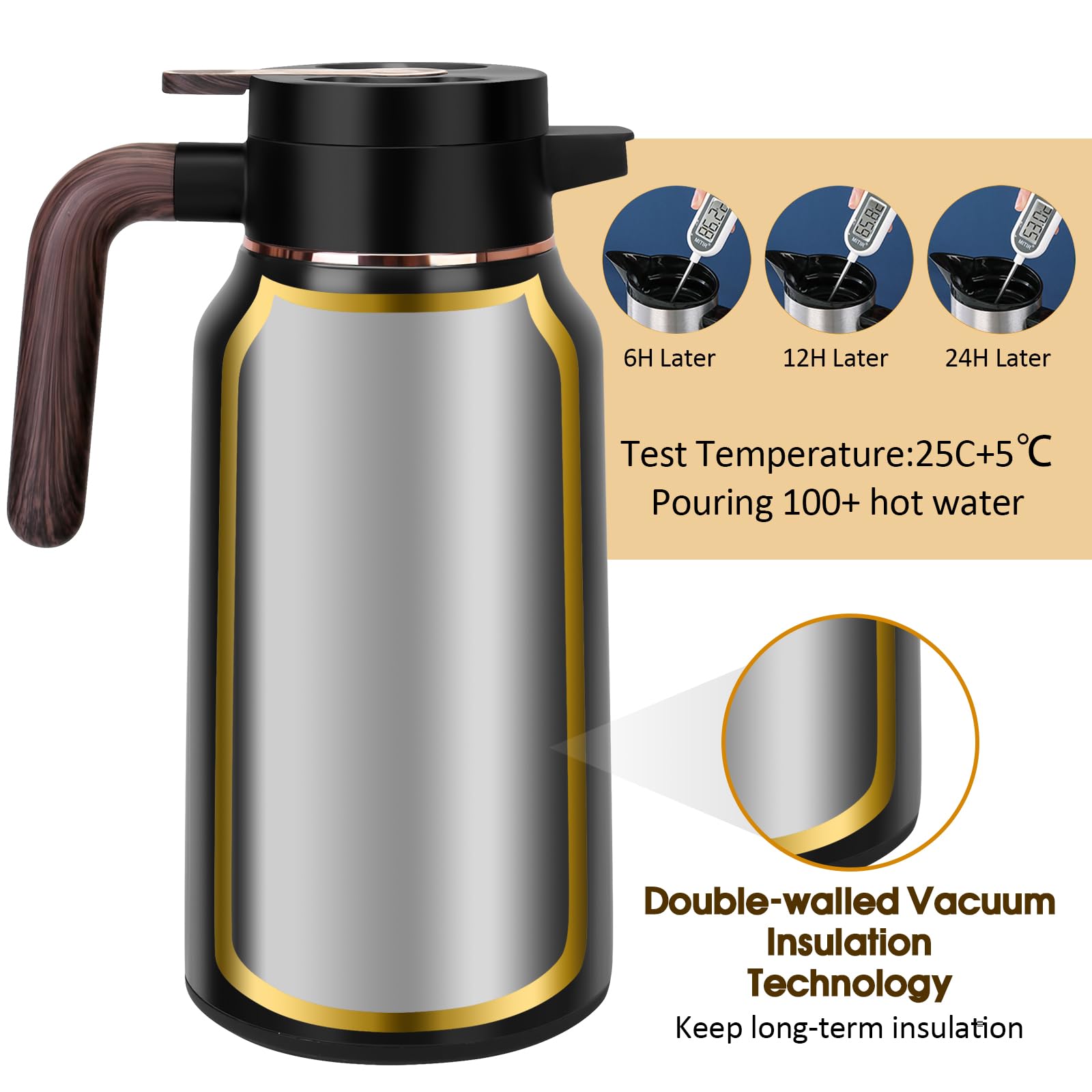 Jarra térmica de café de 70 onzas, jarras de acero inoxidable para líquidos calientes 36 horas, jarras de café aisladas para mantener el café caliente, agua caliente, té, bebidas calientes (negro)