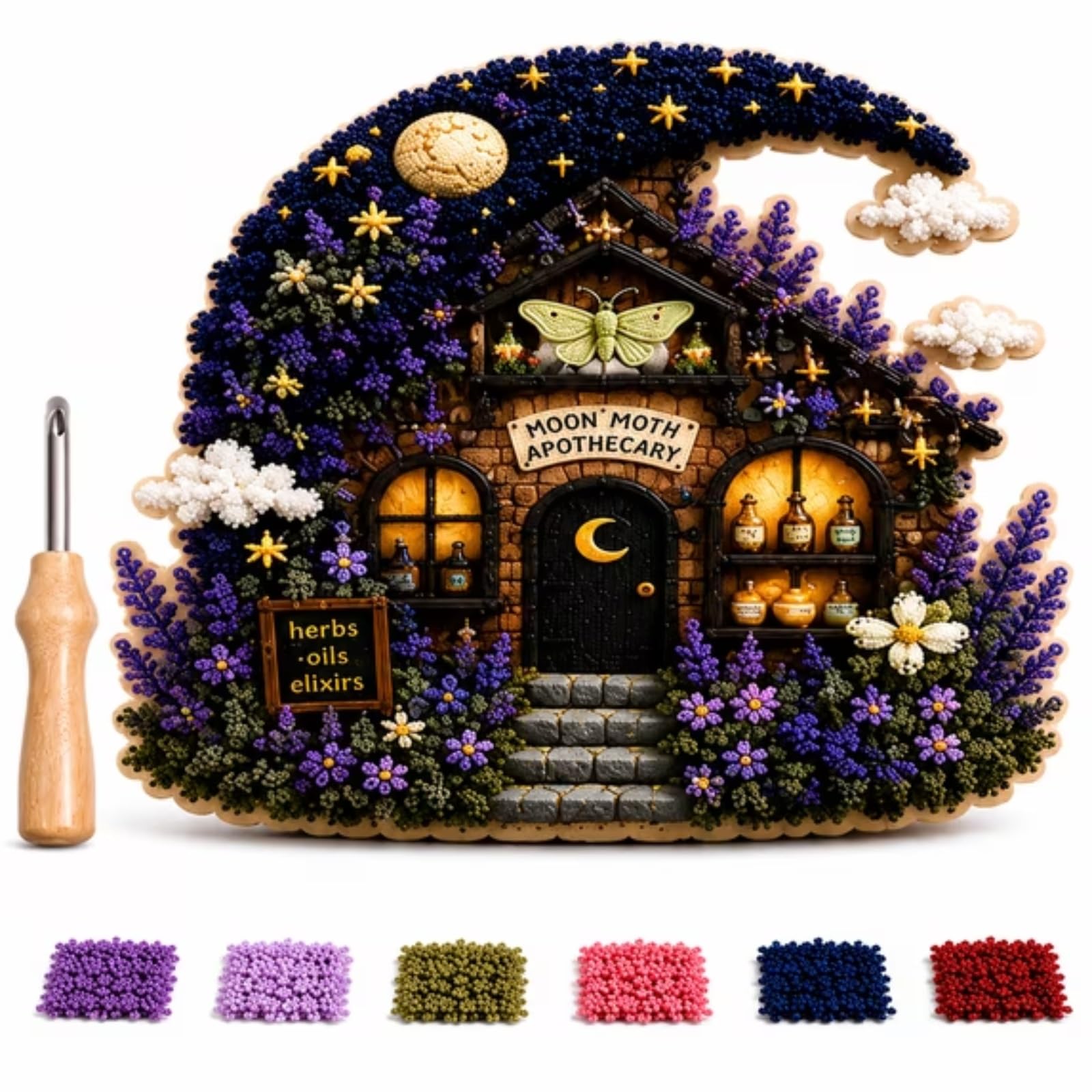 Whimsical Village 3D Fabric Poke Art Kit, Floral Mushroom Cottage,Creative Craft Set,Home Decor Craft Holiday Gift, DIY Handmade Hobby Gift for Adult Beginners，Moon Moth
