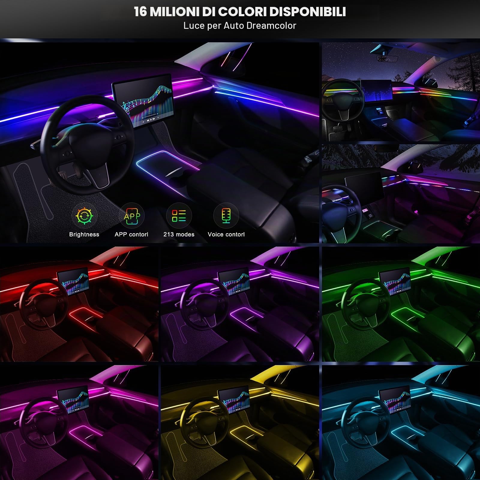 Striscia LED acrilica Dream+Color per interni dell'auto con APP wireless, RGB 6 in 1 con 175 pollici, 612 LED, kit di illuminazione ambientale a fibra ottica, strisce LED al neon dinamiche con