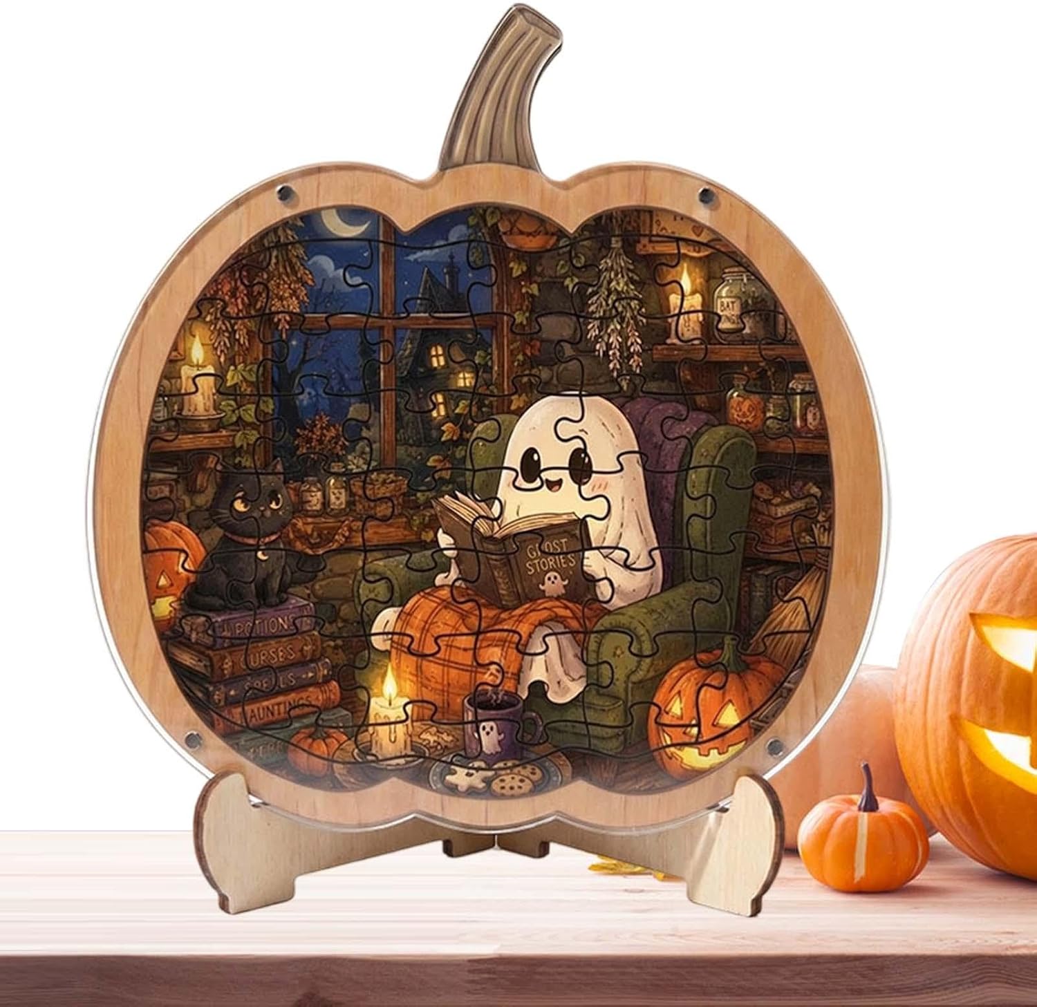 Puzzle Halloween uroczy duch dyni z drewna ze stojakiem | Dekoracja puzzli na Halloween, do domu, na imprezę, do szafy wejściowej, korytarza, biura, kominka, stolika kawowego i jako