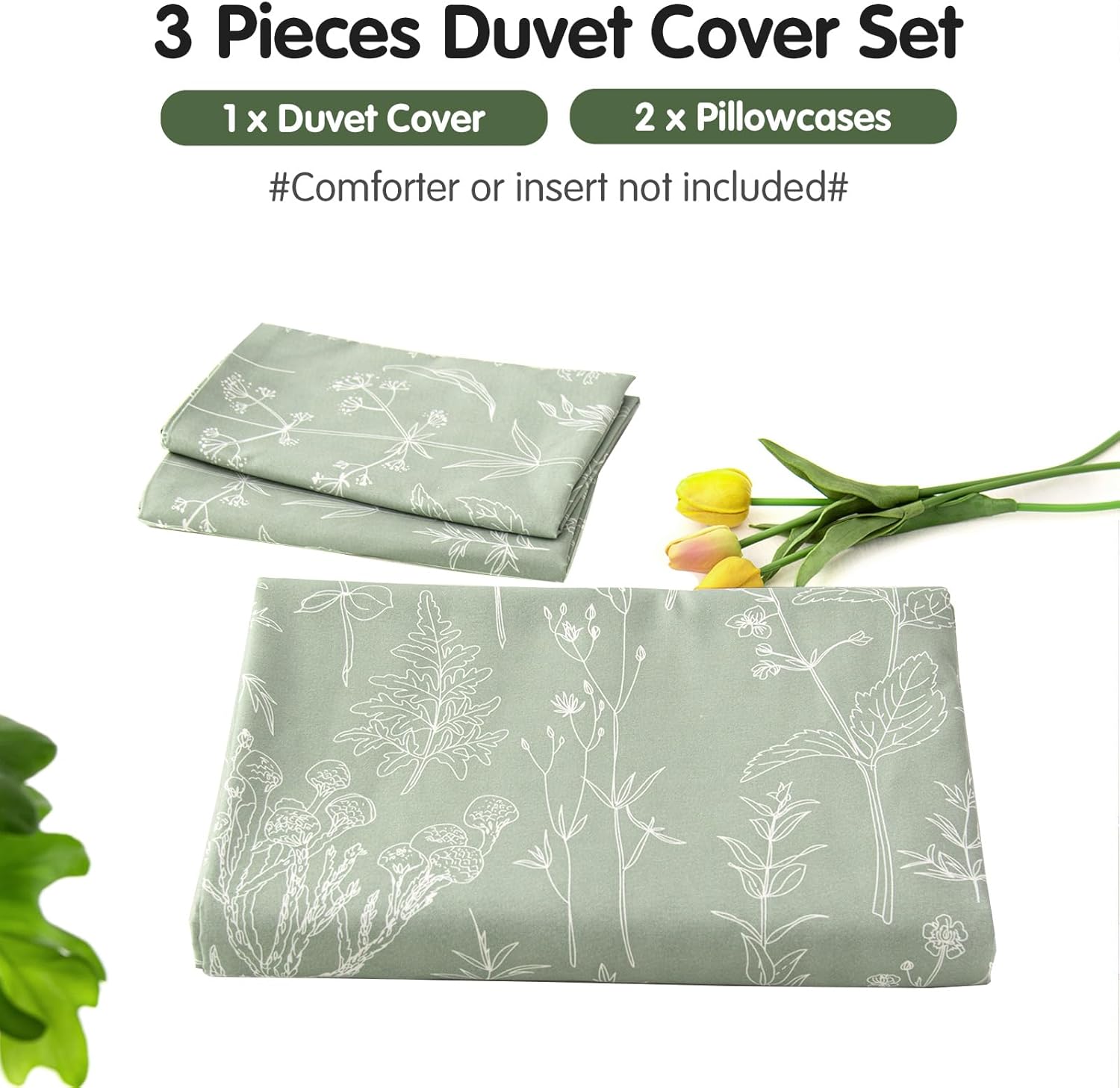 Lekesky Floral Duvet Cover Queen Size, Sage Green Duvet Cover Queen Plant Flowers Pattern Bedding Set for All Season, Soft Breathable Comforter Cover with Zipper Closure & Corner Ties
