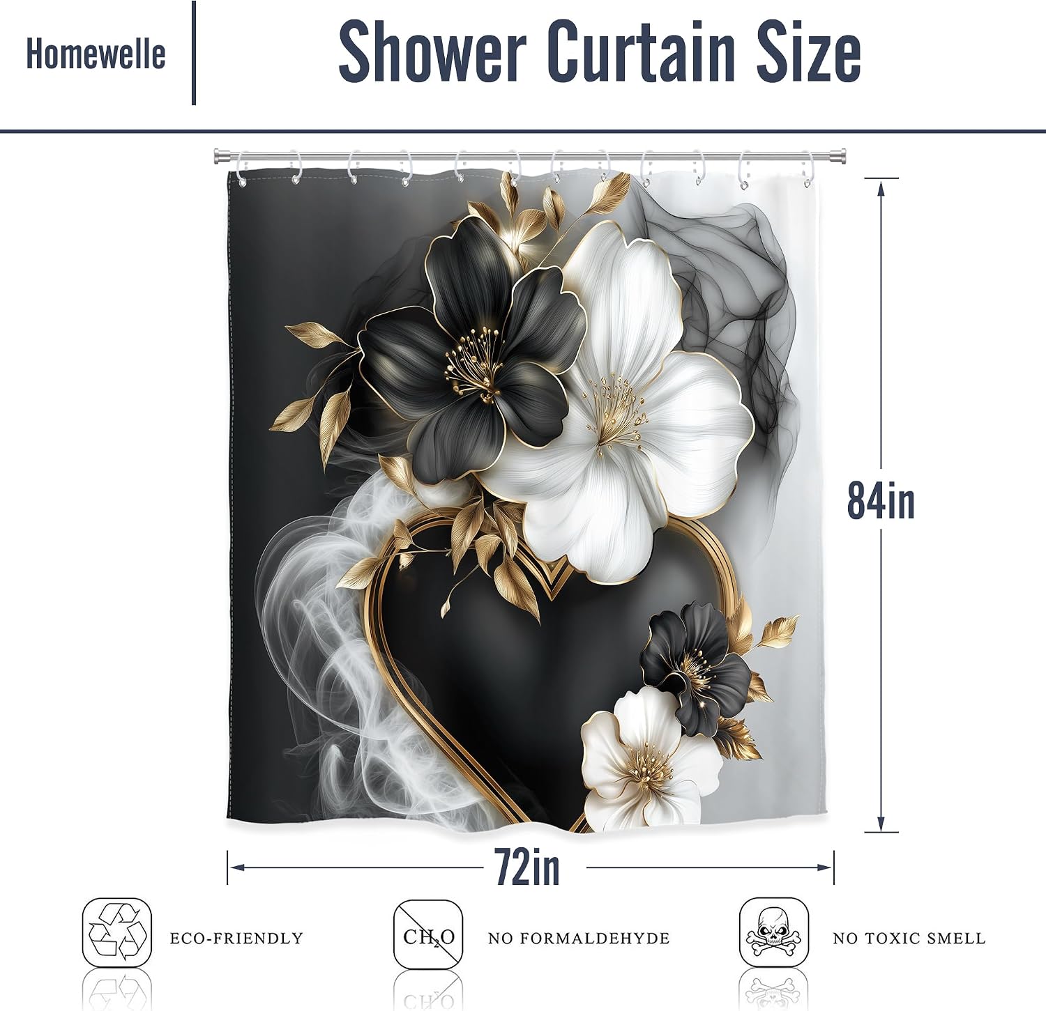 Homewelle Black White Gold Floral Shower Curtain Extra Long Golden Flower Leaves Luxury Modern Contemporary 72Wx84H Inch Artistic Aesthetic for Women Girls Waterproof Polyester Fabric Bathroom Bathtub
