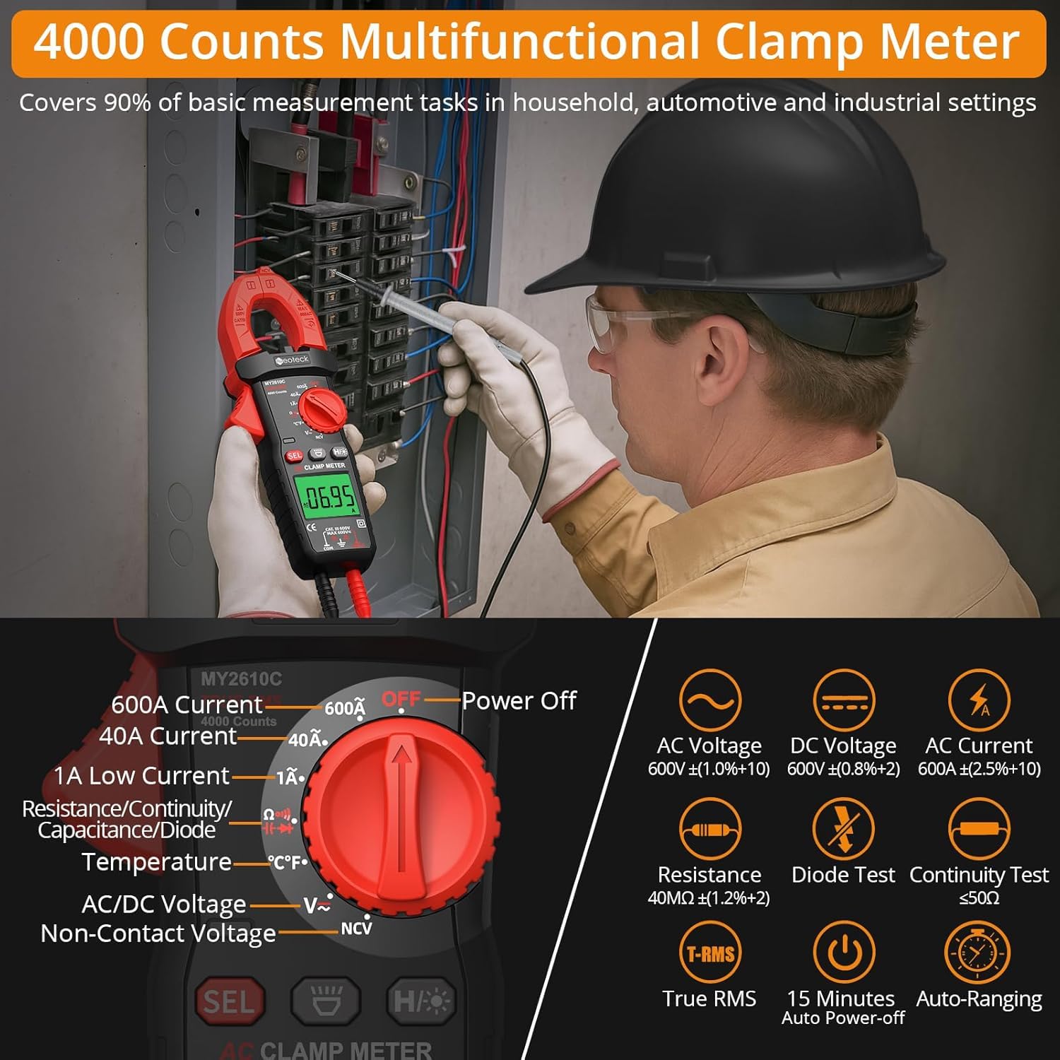 Neoteck Clamp Meter 4000 Counts Amp Meter for TRMS AC Current AC/DC Voltage 600A Auto Range Digital Multimeter with Capacitance Continuity Resistance NCV Diode Test for Car Electric Cabinet