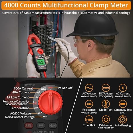 Neoteck Clamp Meter 4000 Counts Amp Meter for TRMS AC Current AC/DC Voltage 600A Auto Range Digital Multimeter with Capacitance Continuity Resistance NCV Diode Test for Car Electric Cabinet